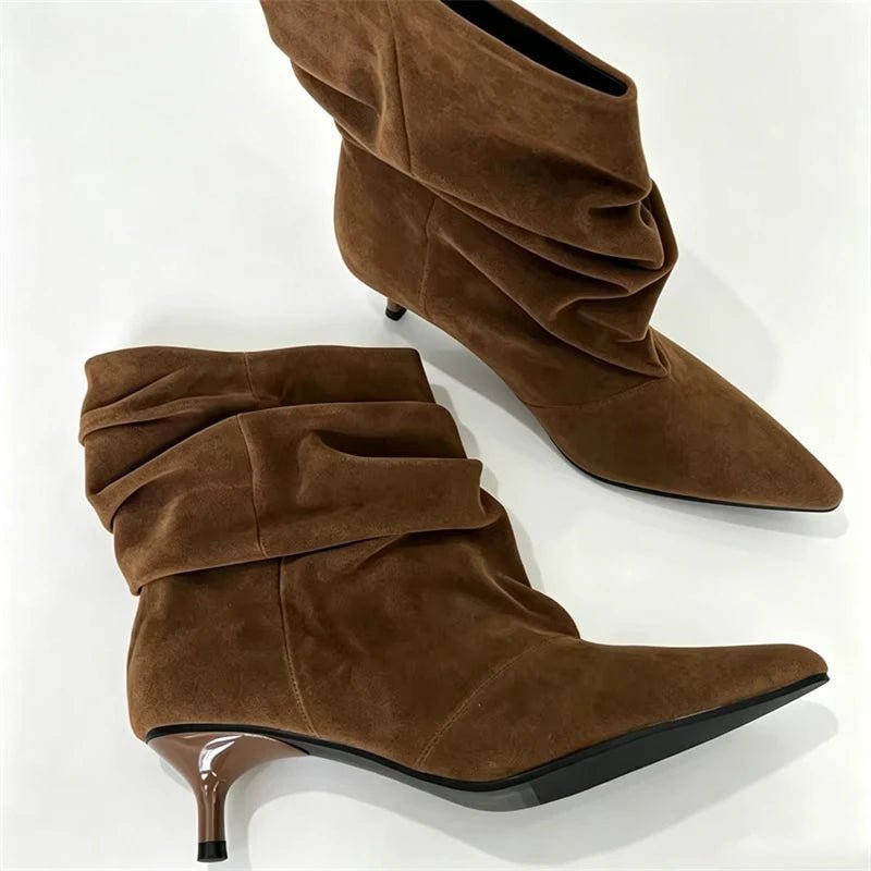 OLANE Faux Suede Ruched Pointed-Toe Boots Brown36Women's Shoes