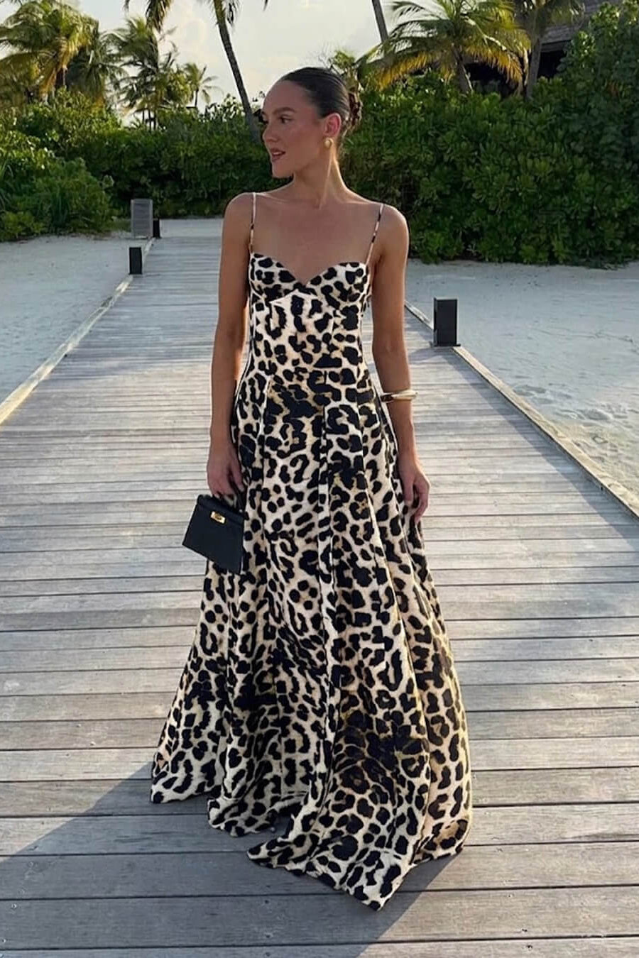 Fiona – Leopardenmuster Spaghettiträger Maxi-Kleid