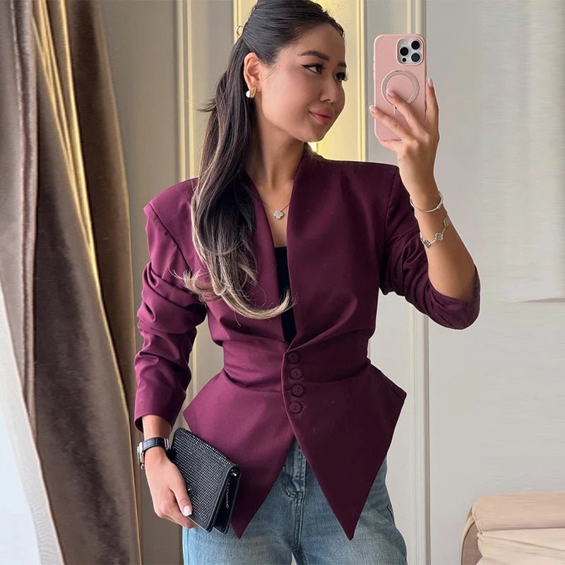 OLANE Fiona Structured Shoulder Cinched Blazer BurgundySWomen's Coats & Jackets