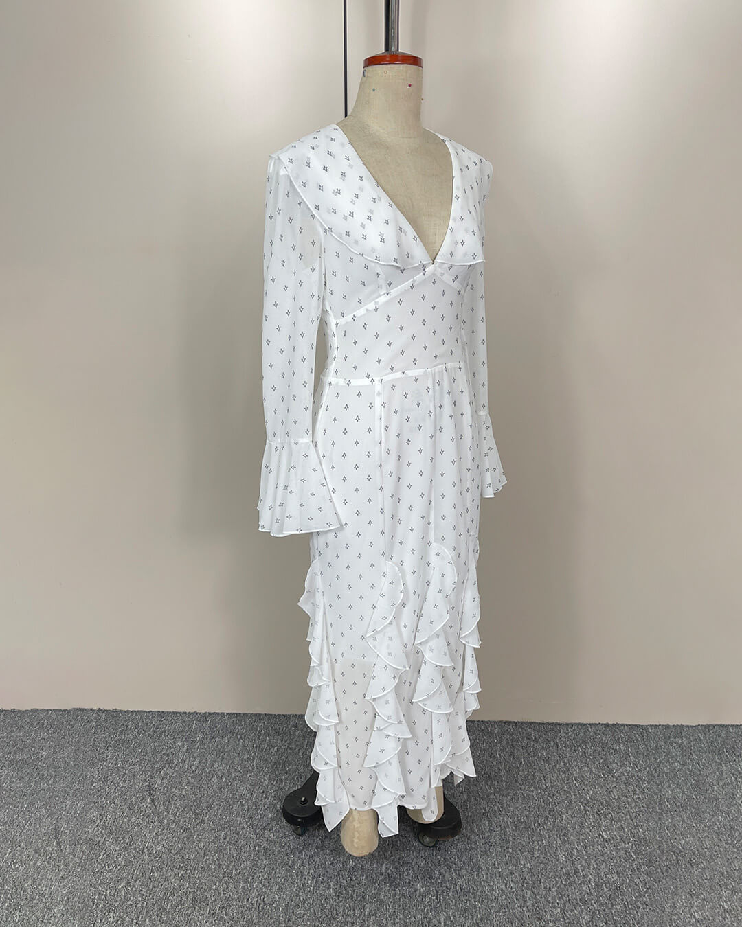 OLANE Flared Sleeve Ruffle Maxi Dress WhiteMWomen’s Dresses
