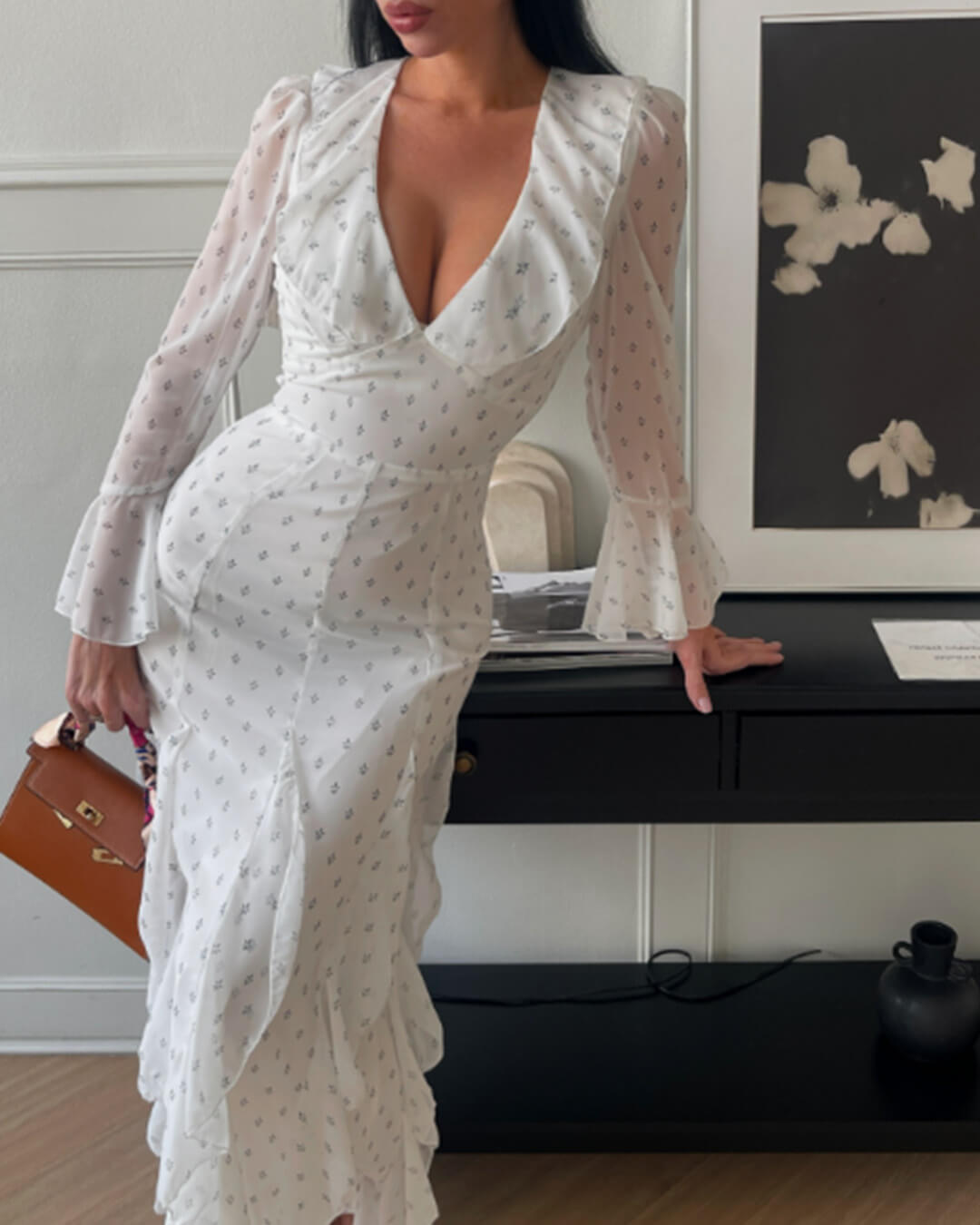 OLANE Flared Sleeve Ruffle Maxi Dress WhiteMWomen’s Dresses
