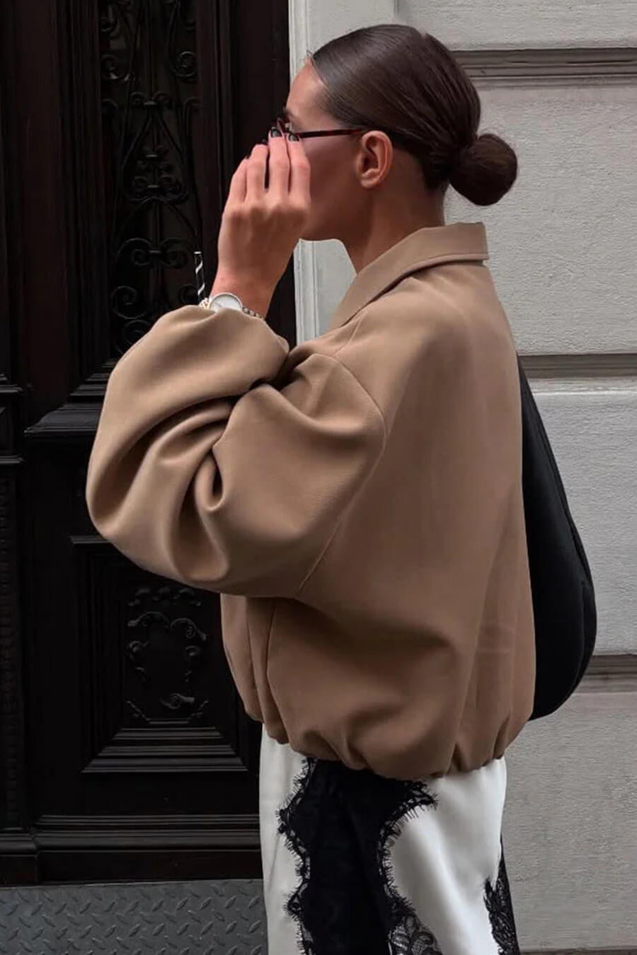 OLANE Front-Zip Puffer Bomber Jacket BeigeXSWomen's Coats & Jackets