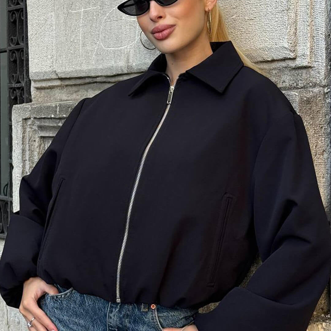 OLANE Front-Zip Puffer Bomber Jacket BlackXSWomen's Coats & Jackets