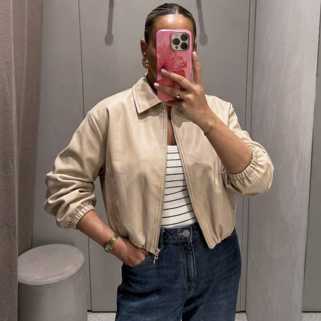 OLANE Front-Zip Puffer Bomber Jacket CreamXSWomen's Coats & Jackets