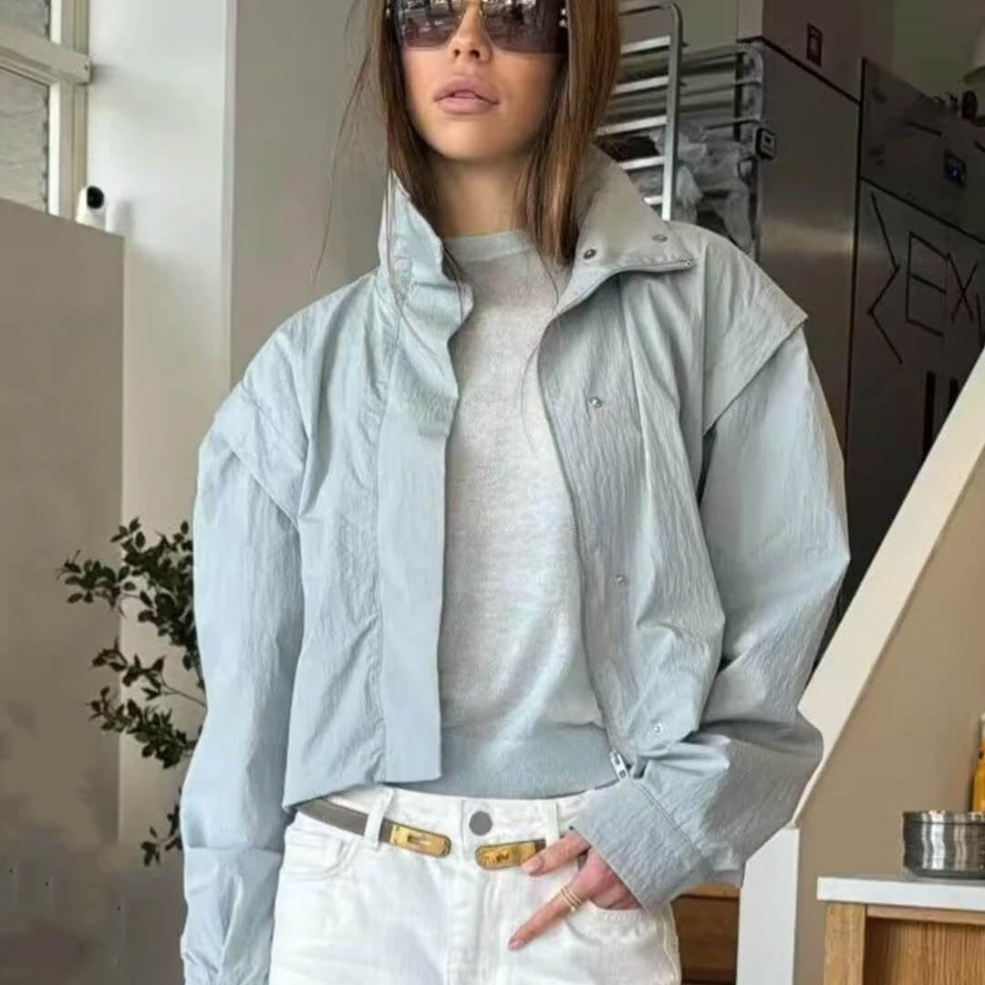 OLANE Full Zip High Collar Cropped Jacket Light BlueXSWomen's Coats & Jackets