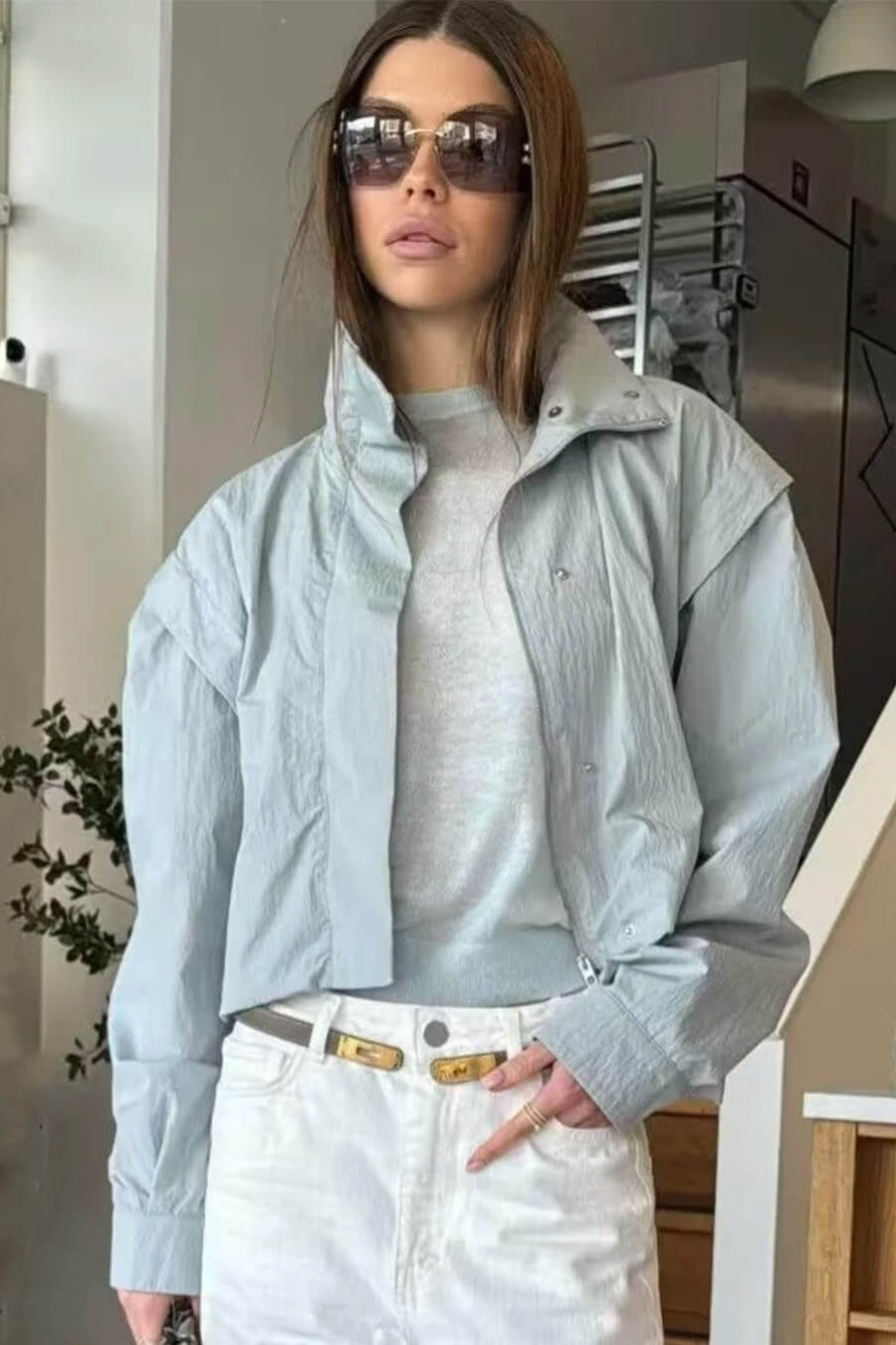 OLANE Full Zip High Collar Cropped Jacket Light BlueXSWomen's Coats & Jackets