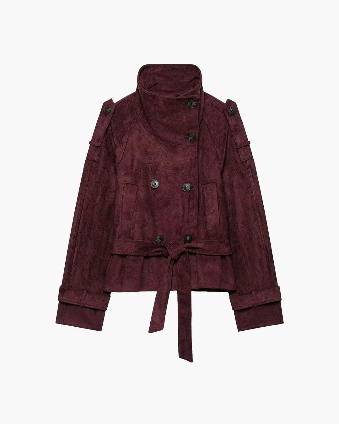 Jacke aus Wildlederimitat mit hohem Kragen und Gürtel