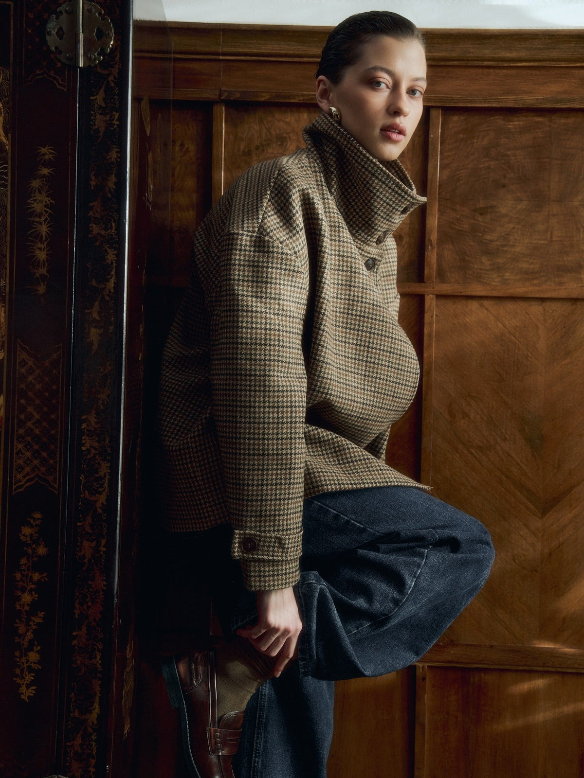 OLANE Funnel Neck Houndstooth Short Jacket MWomen's Coats & Jackets