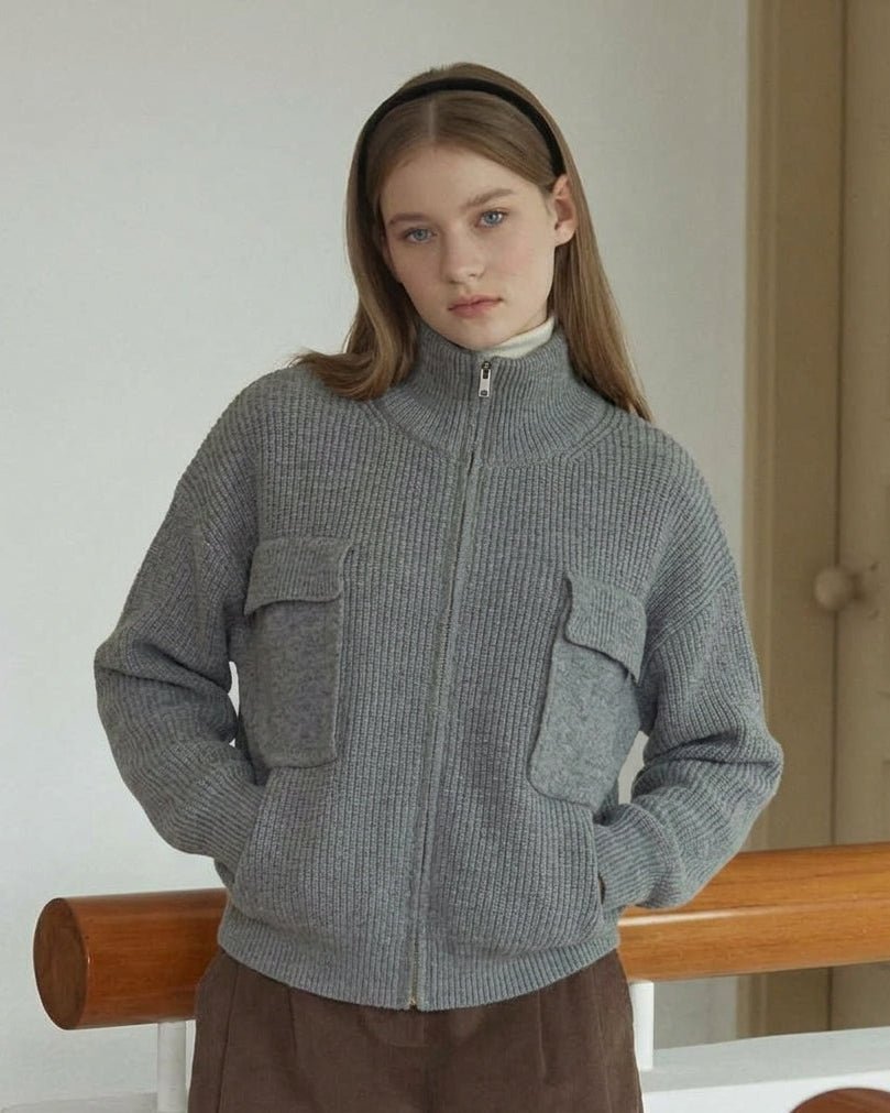 OLANE Funnel Neck Zip Up Sweater with Flap Pockets GreyLSweater