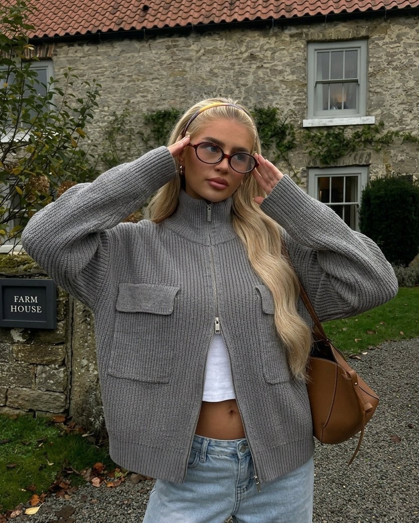 OLANE Funnel Neck Zip Up Sweater with Flap Pockets GreySSweater
