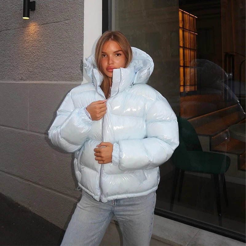 OLANE Glossy Hooded Puffer Jacket BlueLWomen's Coats & Jackets