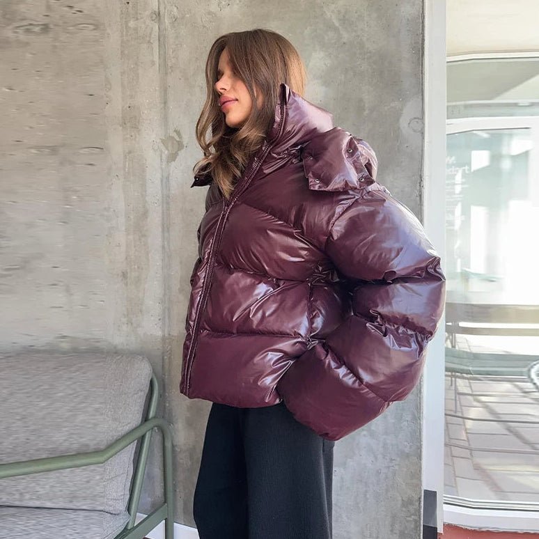 OLANE Glossy Hooded Puffer Jacket BurgundyMWomen's Coats & Jackets