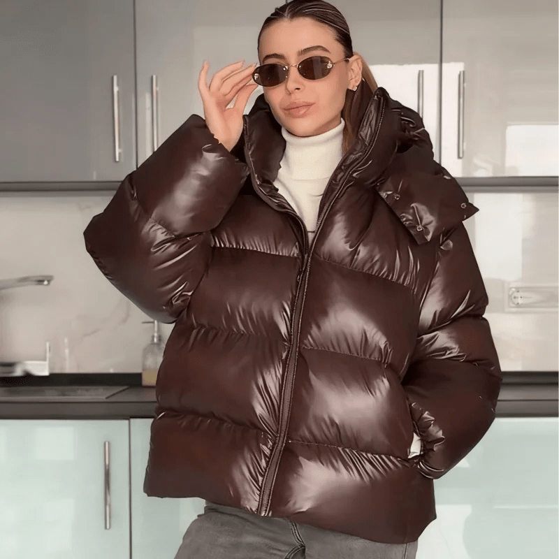 OLANE Glossy Hooded Puffer Jacket ChocolateSWomen's Coats & Jackets