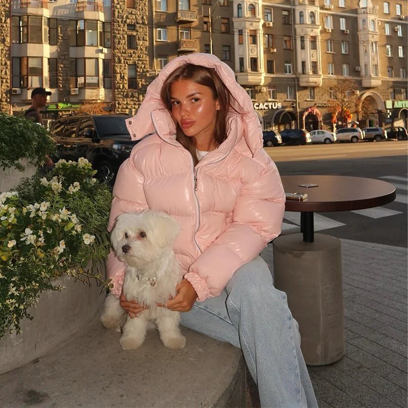 OLANE Glossy Hooded Puffer Jacket PinkLWomen's Coats & Jackets