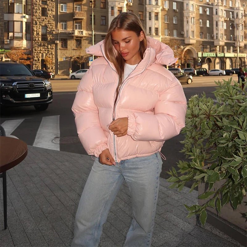OLANE Glossy Hooded Puffer Jacket PinkMWomen's Coats & Jackets