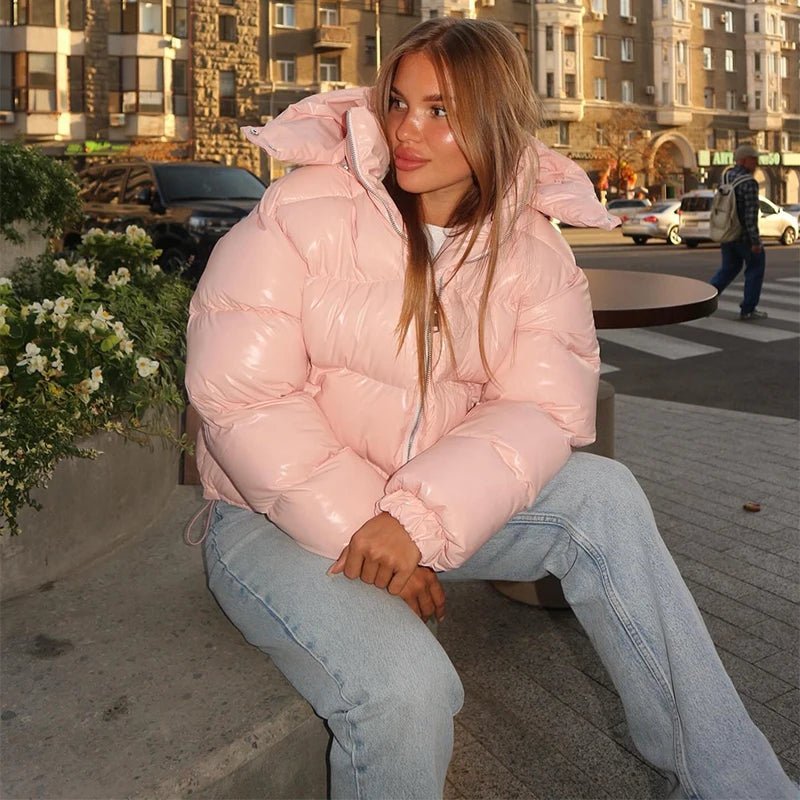 OLANE Glossy Hooded Puffer Jacket PinkSWomen's Coats & Jackets