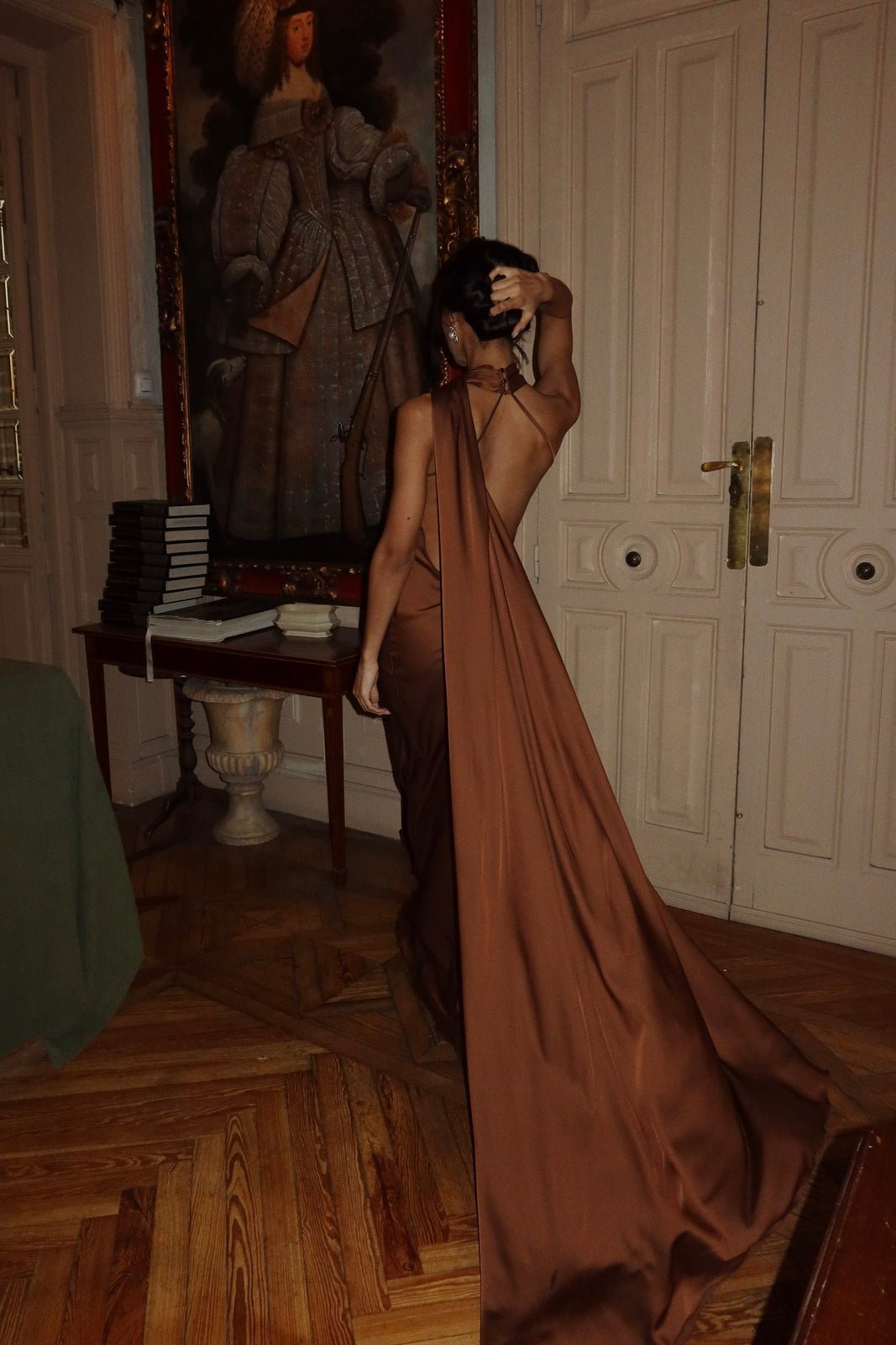 OLANE Halter Open Back Cape Maxi Dress BrownLDress