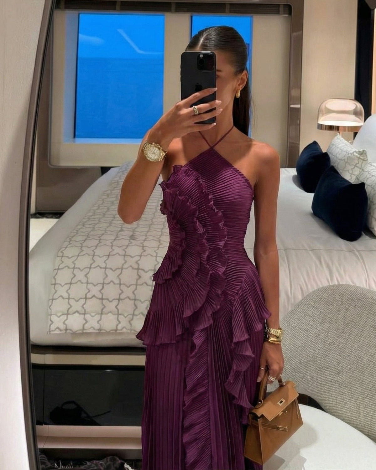 OLANE Halter Pleated Ruffle Maxi Dress Dark PurpleLDress