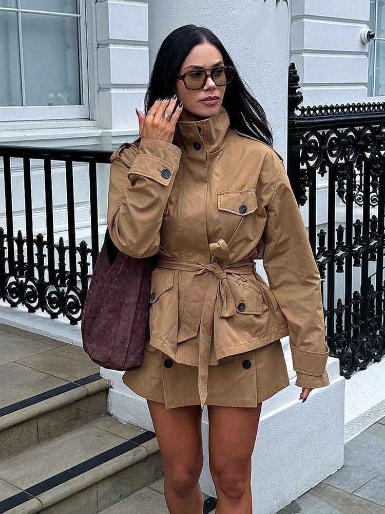 OLANE High Collar Belted Jacket & Skort Set JacketXSWomen's Sets