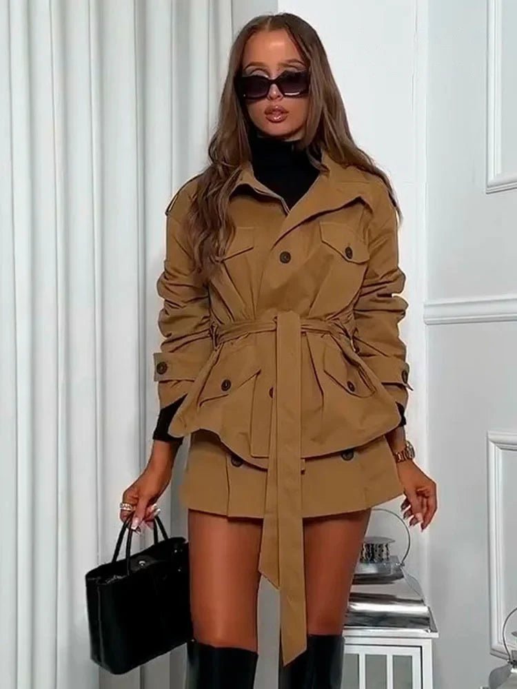 OLANE High Collar Belted Jacket & Skort Set SkortSWomen's Sets