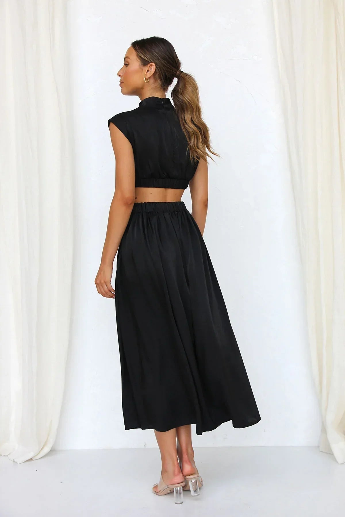 OLANE High-Neck Cut Out Midi Dress BlackXSWomen's Dresses