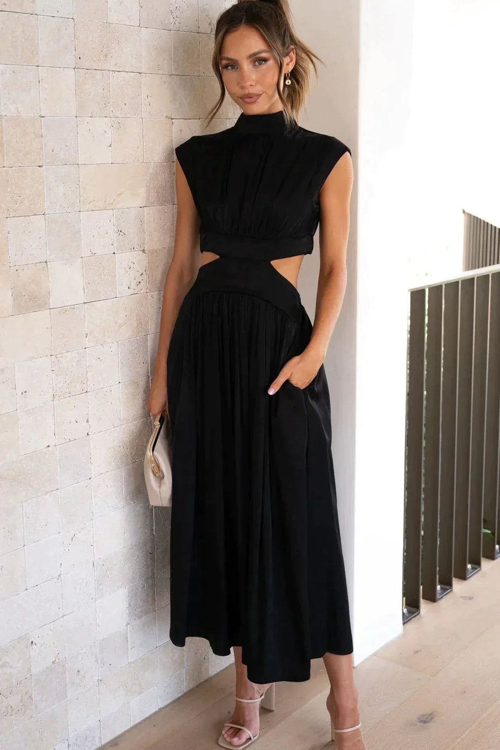 OLANE High-Neck Cut Out Midi Dress BlackXSWomen's Dresses