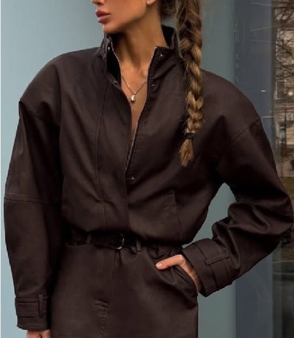 OLANE High Neck Faux Suede Zip-Up Jacket Choco BrownLWomen's Coats & Jackets