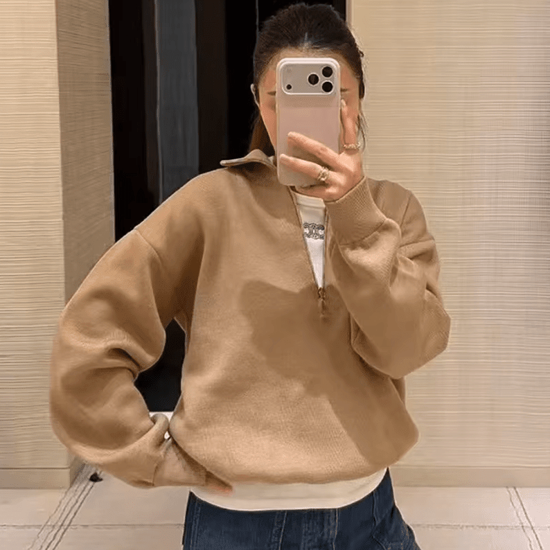 OLANE High Neck Half-Zip Knit Sweater BeigeLWomen's Sweaters & Cardigans