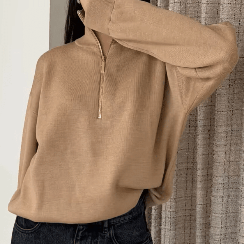 OLANE High Neck Half-Zip Knit Sweater BeigeMWomen's Sweaters & Cardigans