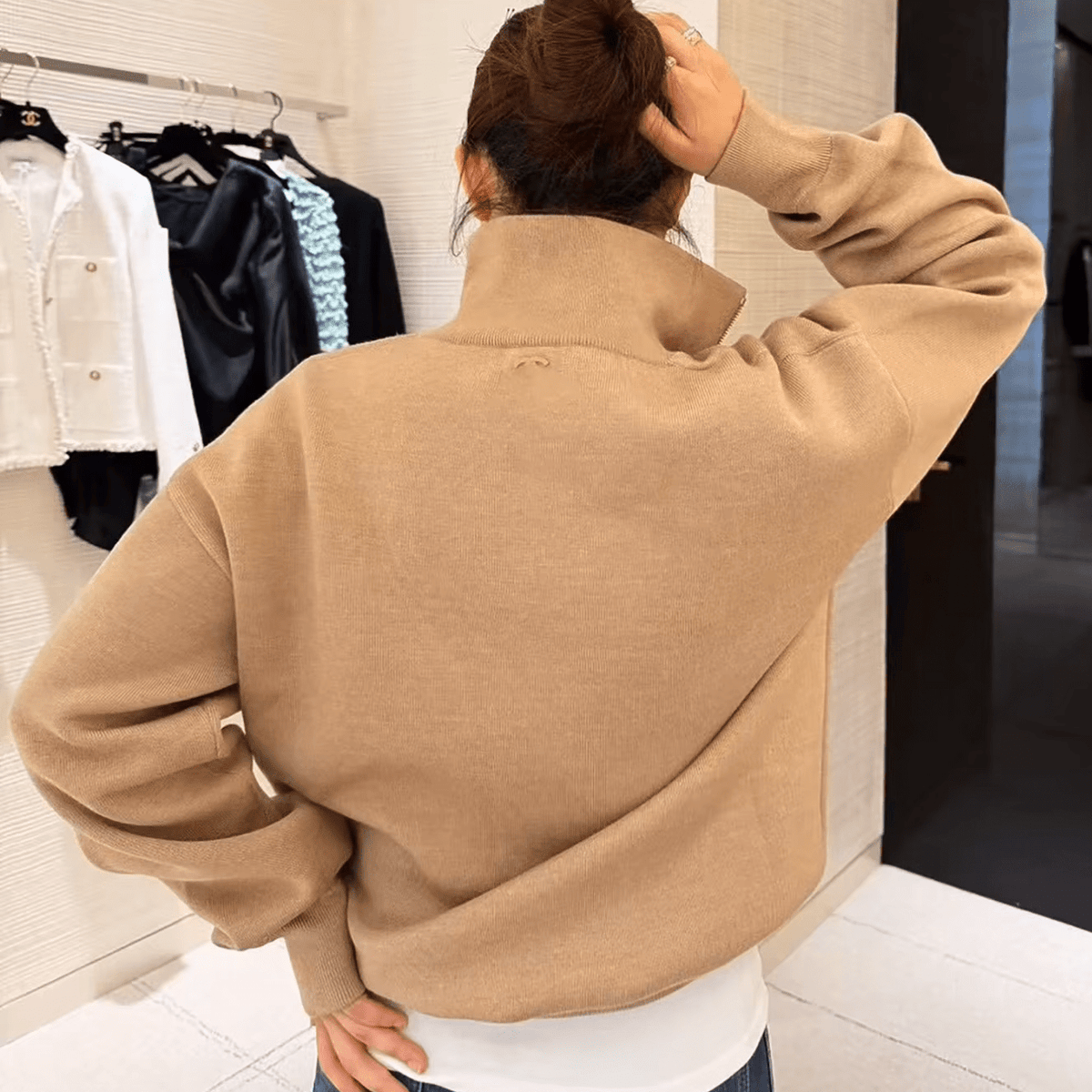 OLANE High Neck Half-Zip Knit Sweater BeigeMWomen's Sweaters & Cardigans
