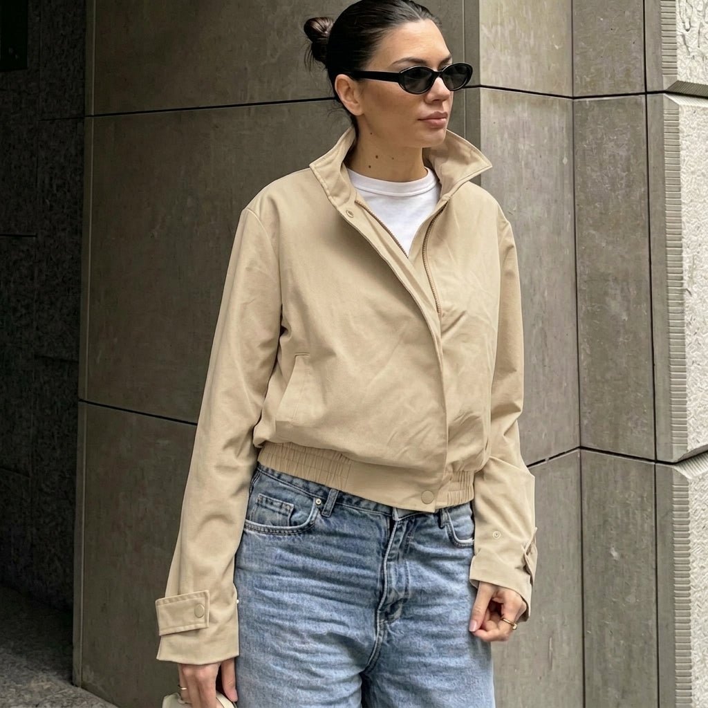OLANE High Neck Zip-Up Bomber Jacket BeigeMWomen's Coats & Jackets