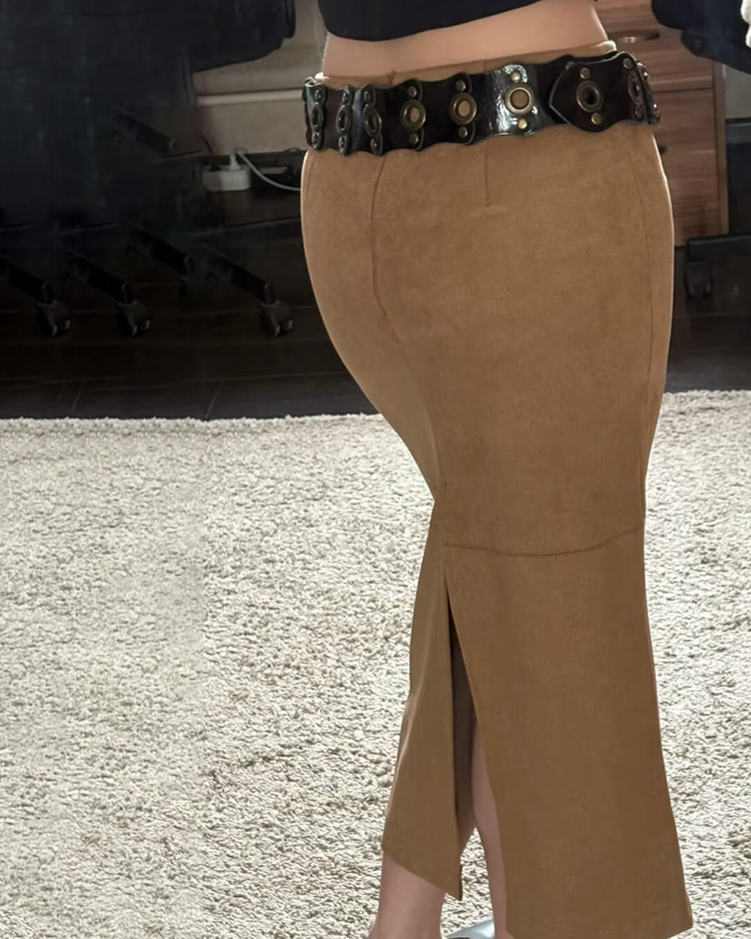 OLANE High-Waist Pencil Faux Suede Midi Skirt BeigeSSkirt