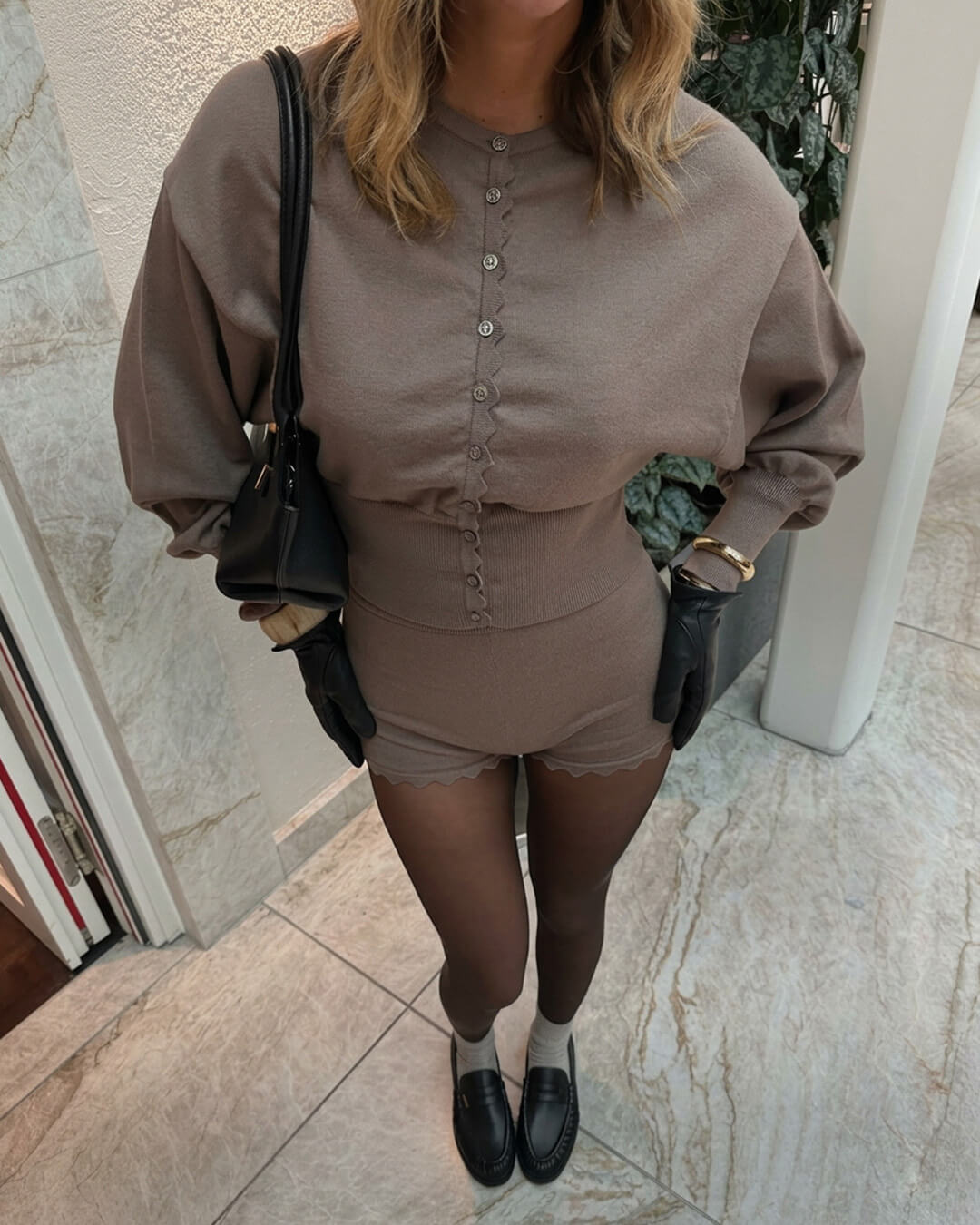 OLANE High Waist Ribbed Knit Two-Piece Set BrownSDress