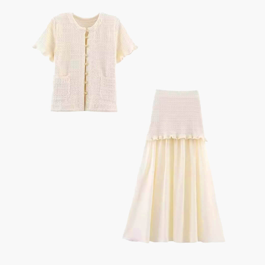 OLANE Julie Knitted Tank Pleated Skirt Set Beige SetSWomen's Sets