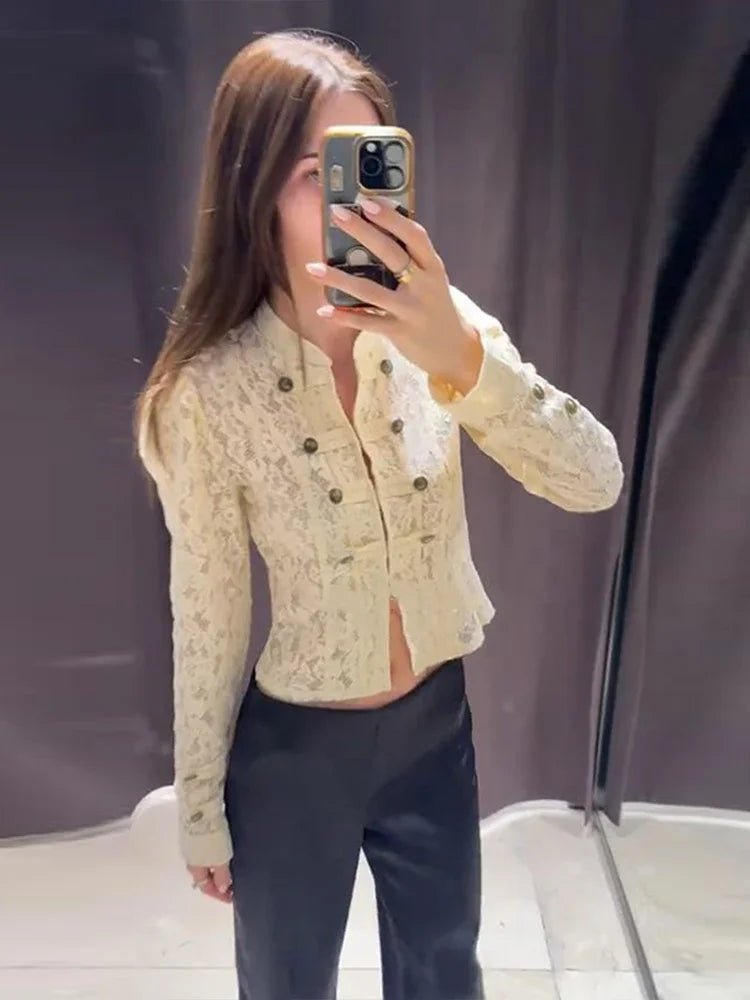 OLANE Lace Sheer Patchwork Jacket BeigeMWomen's Coats & Jackets