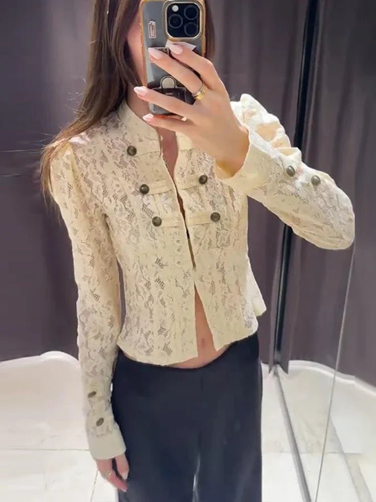 OLANE Lace Sheer Patchwork Jacket BeigeMWomen's Coats & Jackets