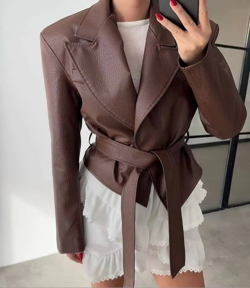 OLANE Lace-Up Faux Leather Blazer Jacket BrownLJacket