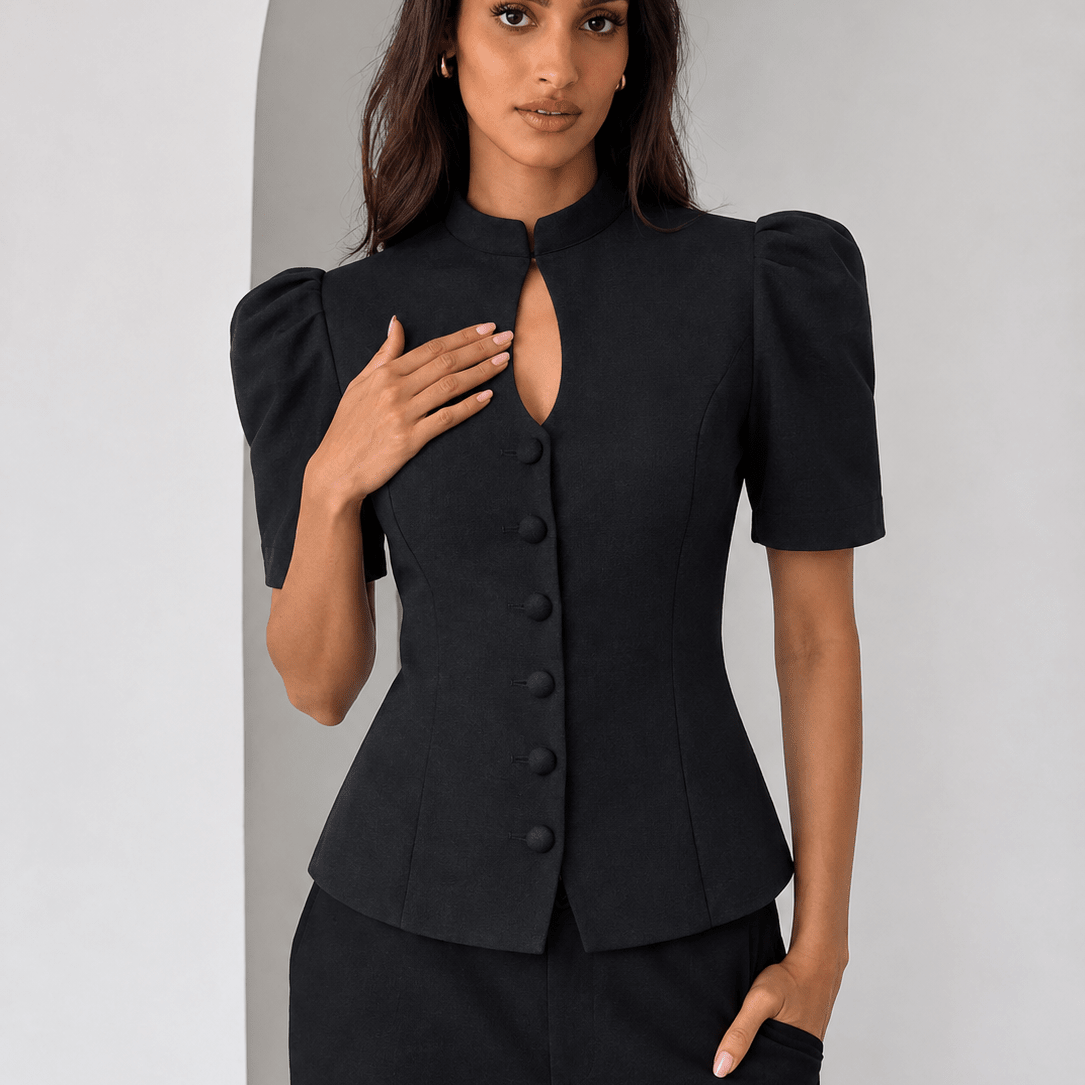 OLANE Lantern Short Sleeves Stand Collar Top BlackSWomen’s Tops