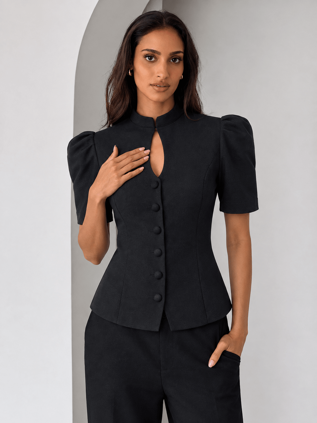 OLANE Lantern Short Sleeves Stand Collar Top BlackSWomen’s Tops