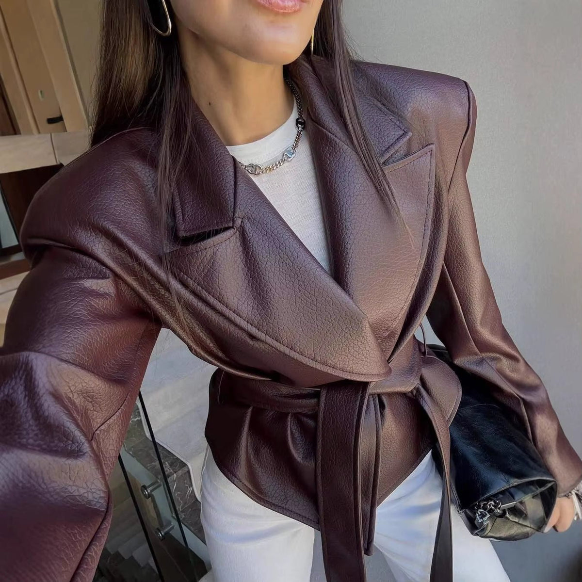 OLANE Lapel Lace-Up Vegan Leather Jacket BurgundyXLJacket