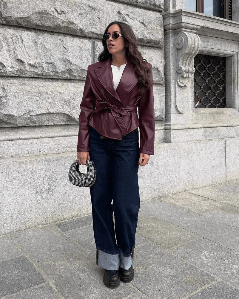 OLANE Lapel Lace-Up Vegan Leather Jacket BurgundyXLJacket