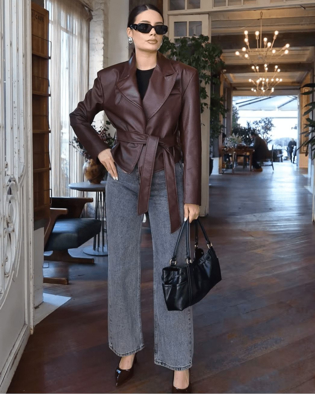 OLANE Lapel Lace-Up Vegan Leather Jacket BurgundyXLJacket