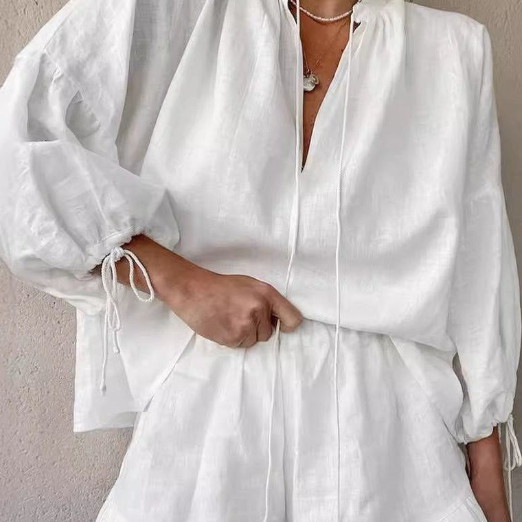 OLANE Long Sleeve Cotton Lounge Set White SetLWomen's Sets