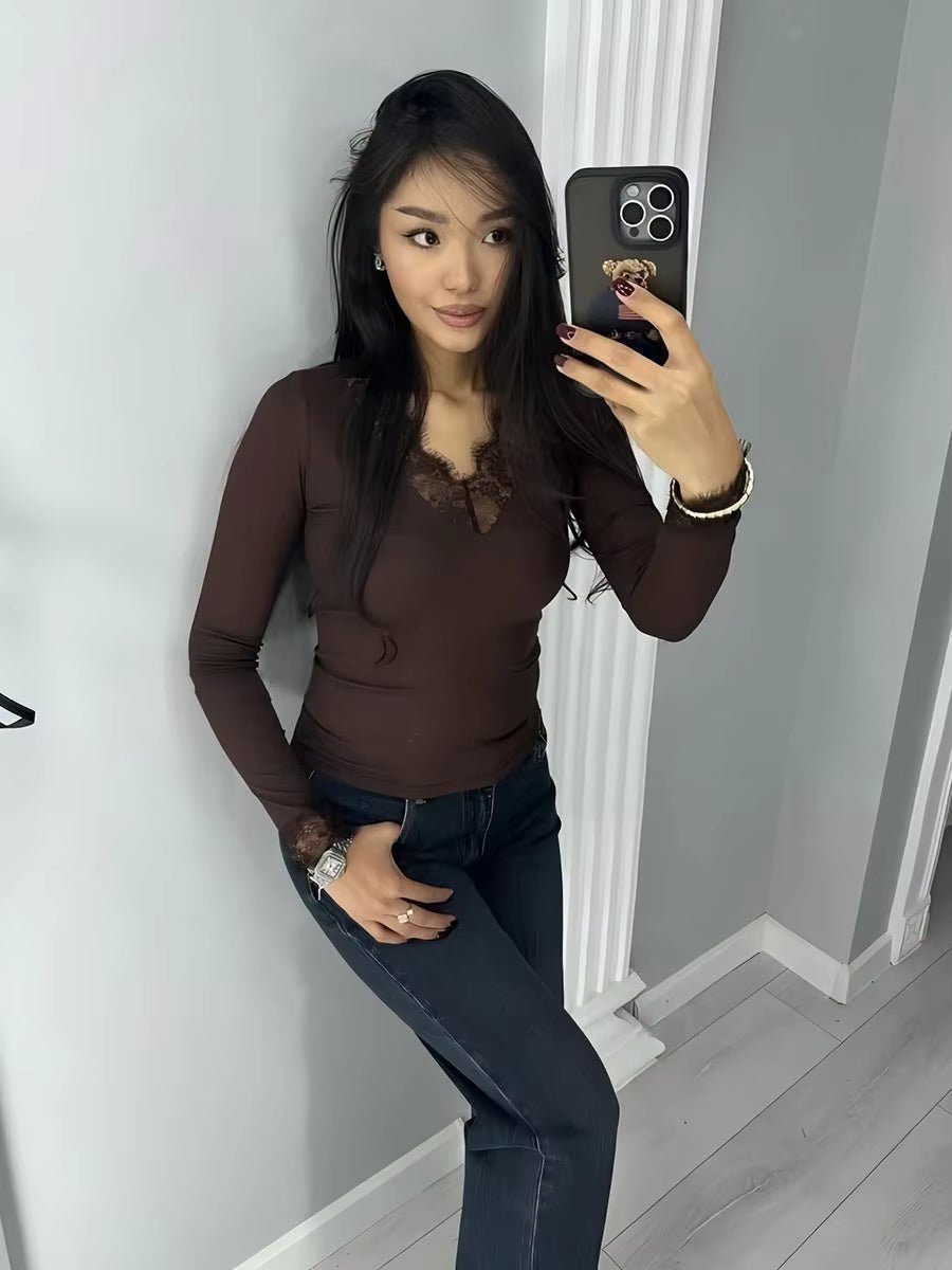 OLANE Long Sleeve Lace V-Neck Casual Top BrownMWomen’s Tops