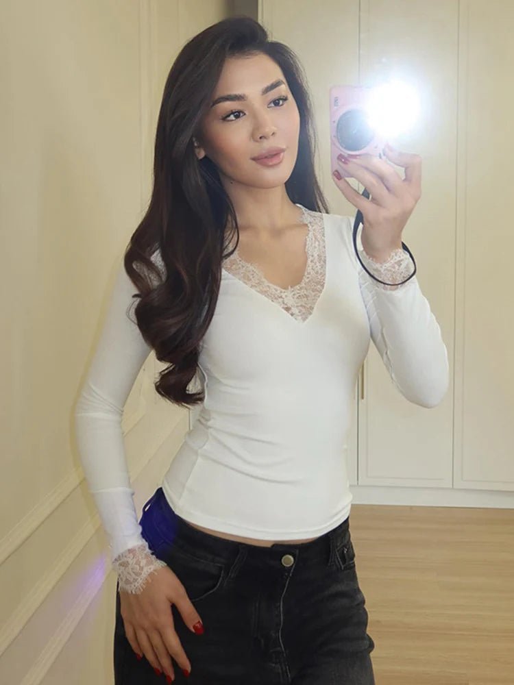 OLANE Long Sleeve Lace V-Neck Casual Top WhiteSWomen’s Tops