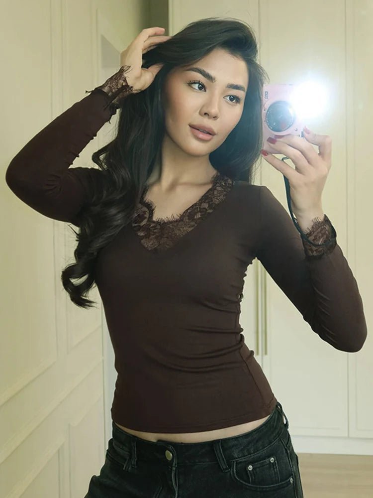 OLANE Long Sleeve Lace V-Neck Casual Top WhiteSWomen’s Tops
