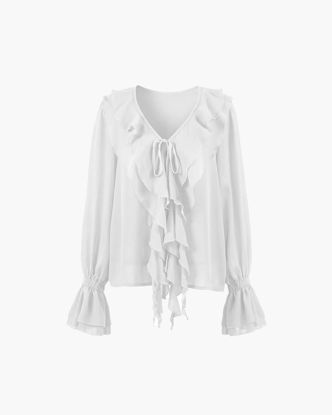 OLANE Long Sleeve Tie Neck Ruffled Blouse WhiteMWomen’s Tops