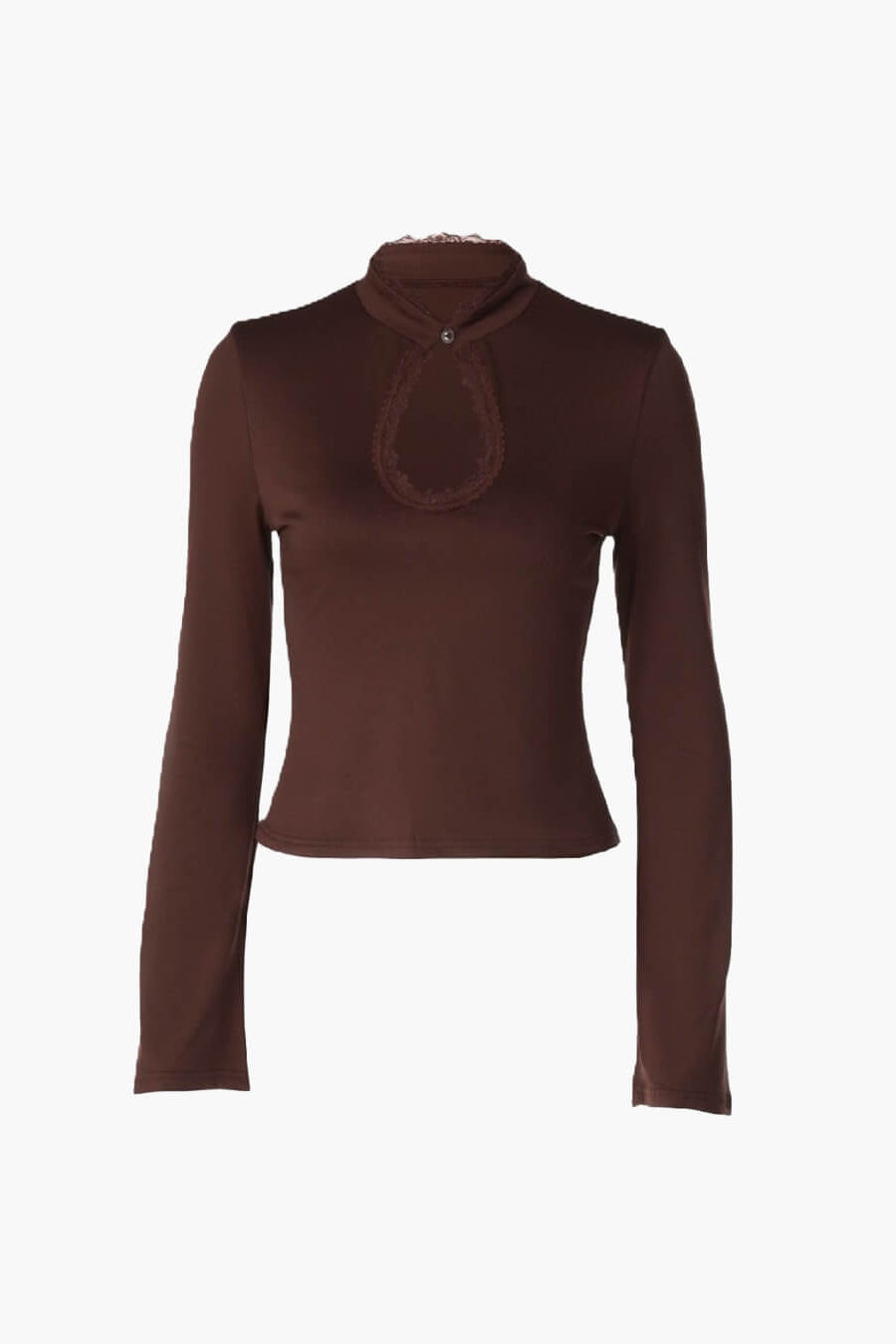 OLANE Long Sleeves High Neck Keyhole Blouse BrownSWomen's Tops