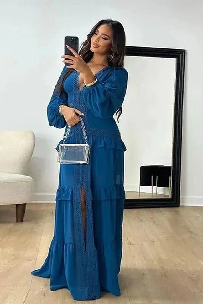 OLANE Lucy Deep V-Neck Ruffle Maxi Dress Navy BlueMWomen's Dresses