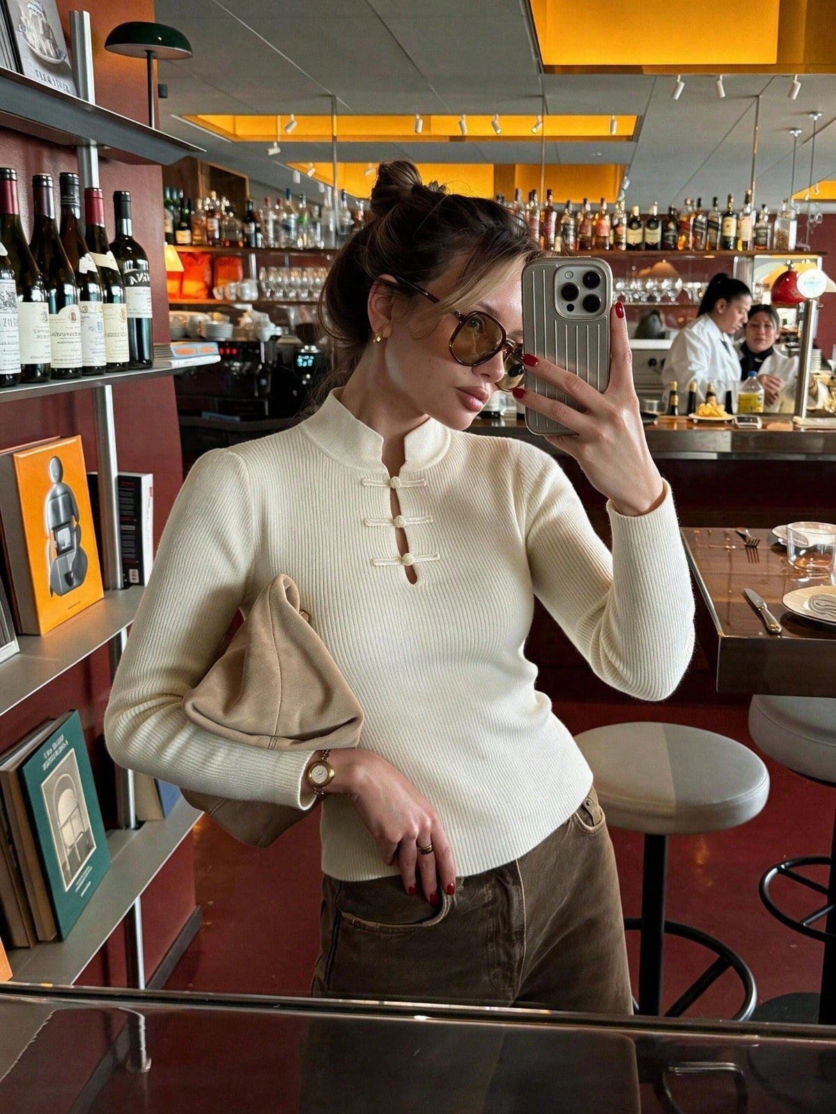 OLANE Mandarin Collar Ribbed Knit Top WhiteLTop
